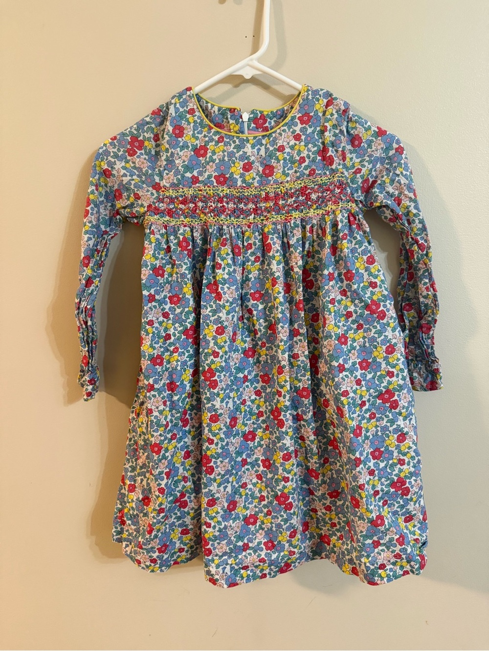 Mini Boden Blue Multi Floral Smocked Long-Sleeve Dress 7/8